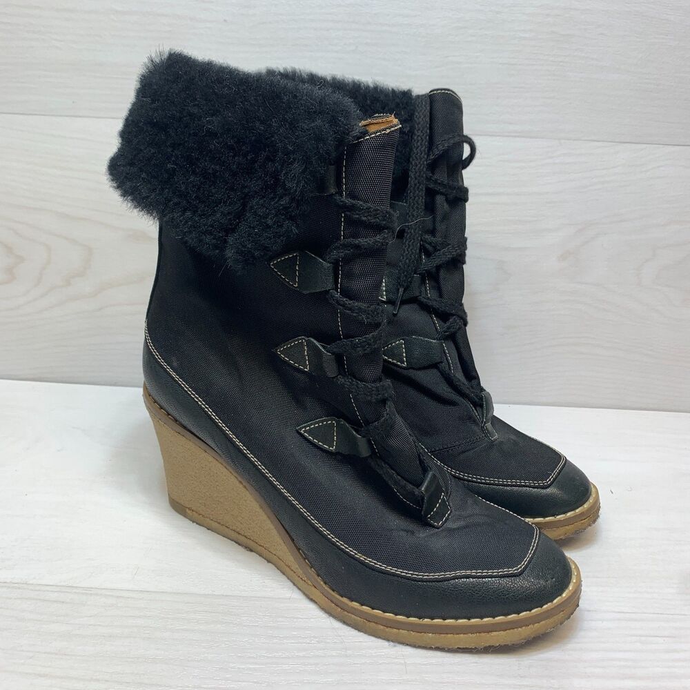 Chloé Wedge Ankle Boots‎ Women's Size 39.5 US 9.5 Black Fur Trim Lace Up
